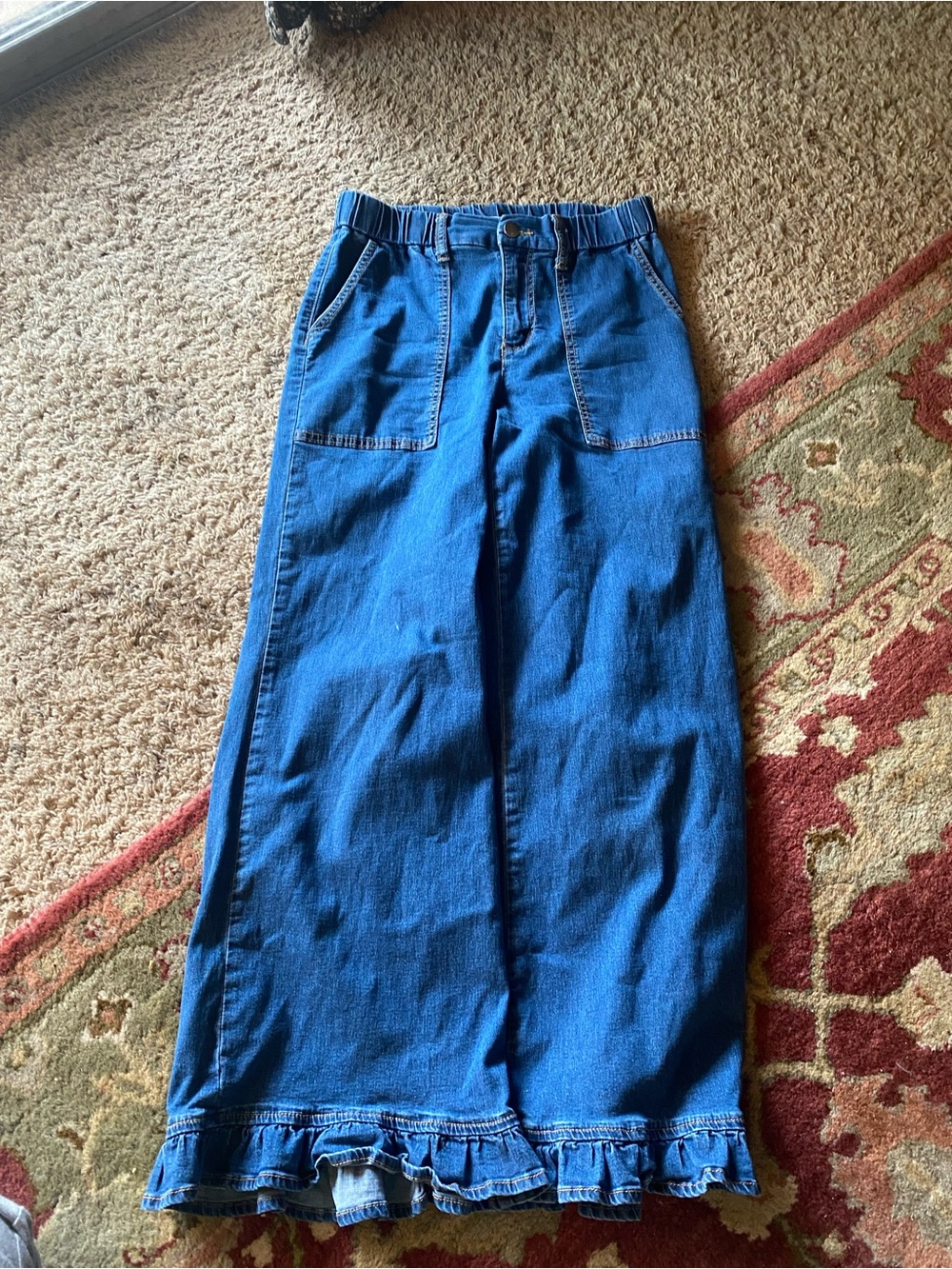 Blue Denim Long Skirt with Ruffle Hem